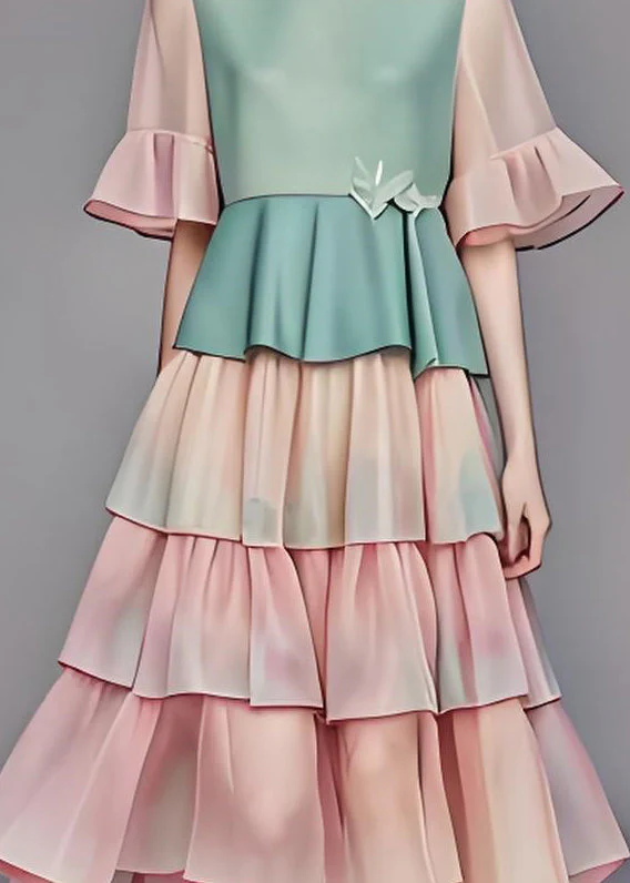 Modern O Neck Ruffled Layered Patchwork Chiffon Dress Summer - Image 4