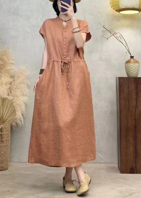Modern Orange Cinched Linen Vacation Dresses Summer - Image 3
