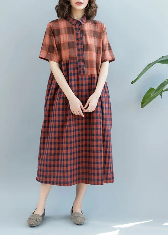 Modern Orange Chocolate Wrinkled Patchwork Plaid Cotton Linen Dress Short Sleeve - Image 2