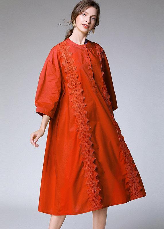 Modern Orange Embroideried Patchwork Fall Cotton Vacation Dress Three Quarter Sleeve - Image 2