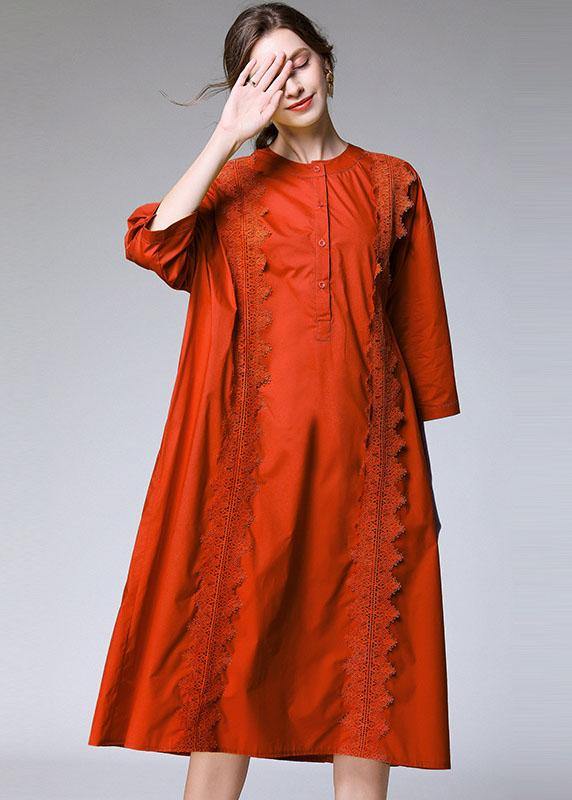 Modern Orange Embroideried Patchwork Fall Cotton Vacation Dress Three Quarter Sleeve - Image 3