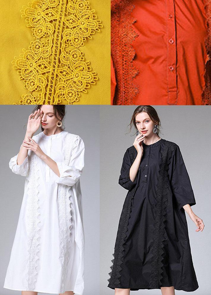 Modern Orange Embroideried Patchwork Fall Cotton Vacation Dress Three Quarter Sleeve - Image 5