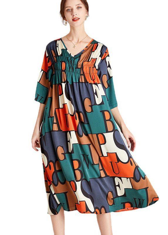 Modern Orange Green Print V Neck Summer Holiday Dress Half Sleeve - Image 2