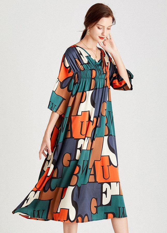 Modern Orange Green Print V Neck Summer Holiday Dress Half Sleeve - Image 3