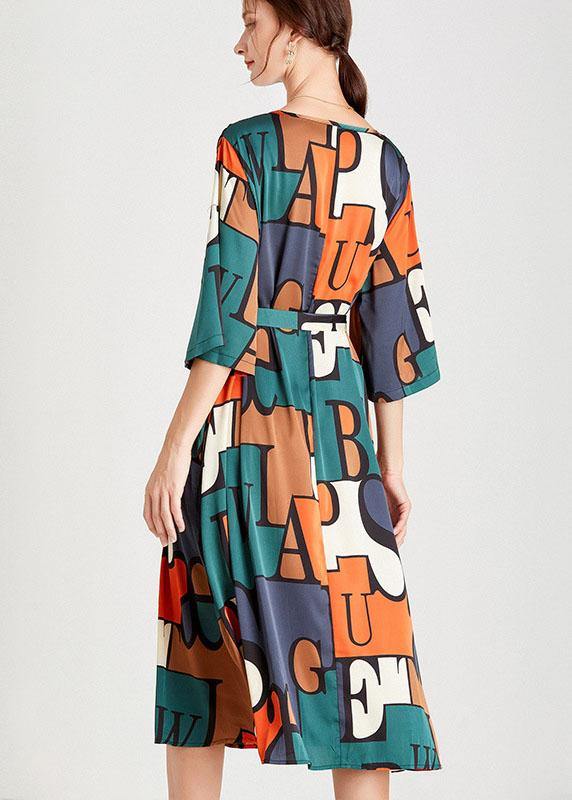 Modern Orange Green Print V Neck Summer Holiday Dress Half Sleeve - Image 4