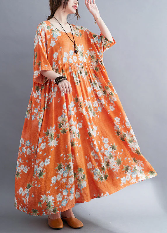 Modern Orange O-Neck Patchwork Wrinkled Cotton Maxi Dress Half Sleeve - Image 2