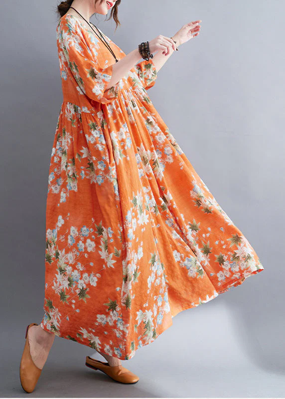 Modern Orange O-Neck Patchwork Wrinkled Cotton Maxi Dress Half Sleeve - Image 3