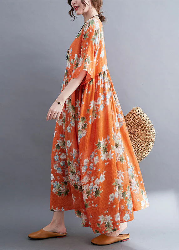 Modern Orange O-Neck Patchwork Wrinkled Cotton Maxi Dress Half Sleeve - Image 4