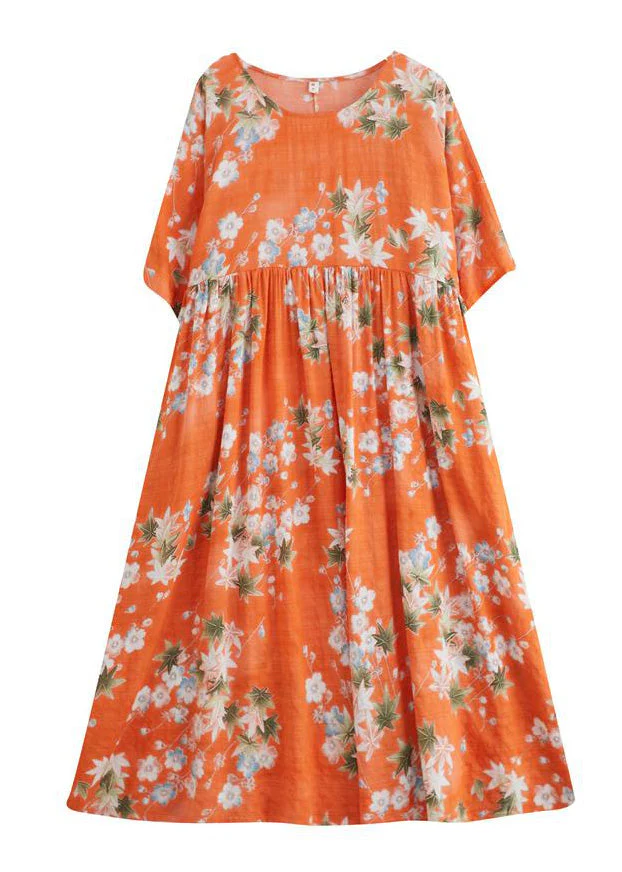 Modern Orange O-Neck Patchwork Wrinkled Cotton Maxi Dress Half Sleeve - Image 5