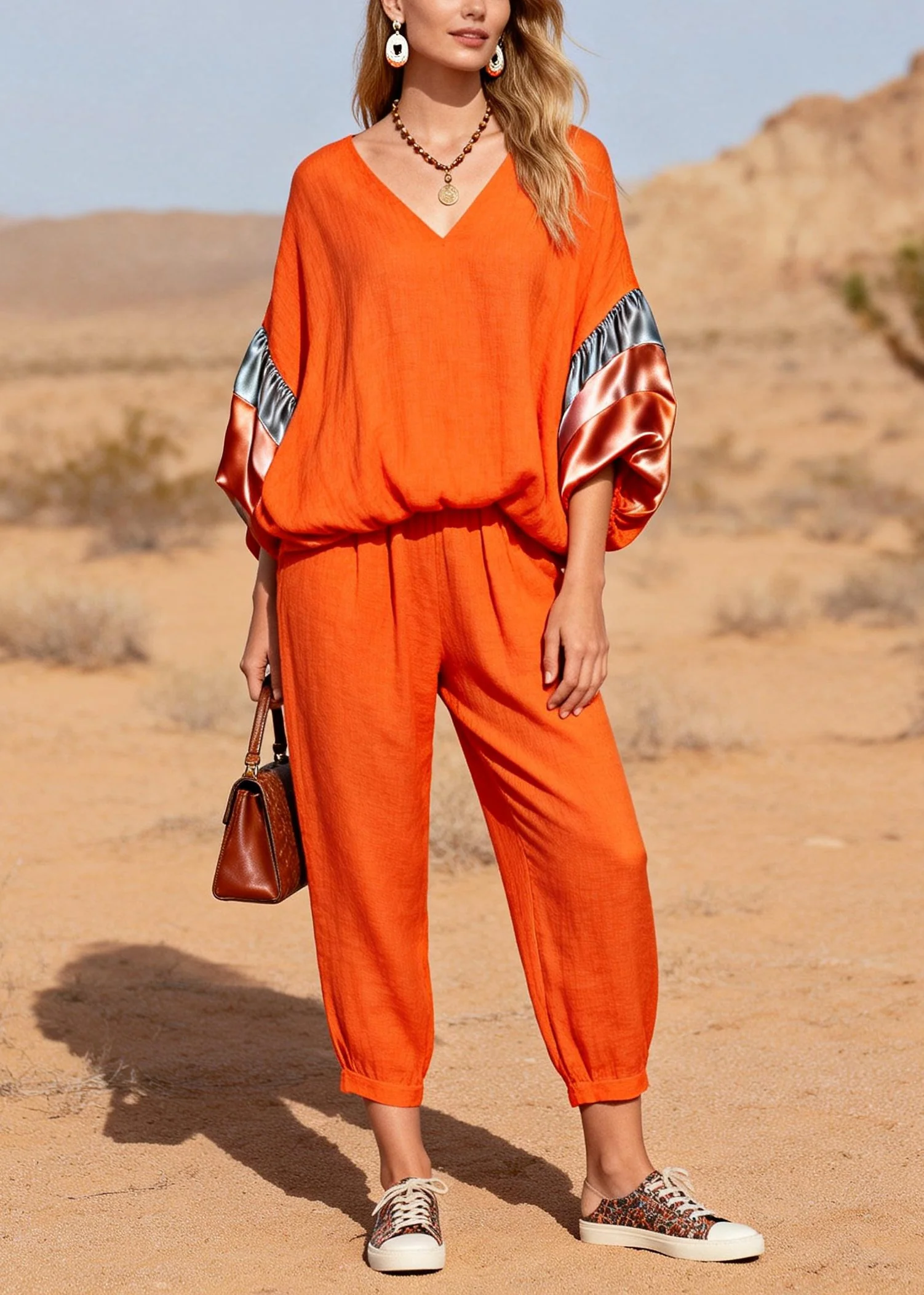 Modern Orange Oversized Patchwork Cotton Two Pieces Set Spring - Image 3