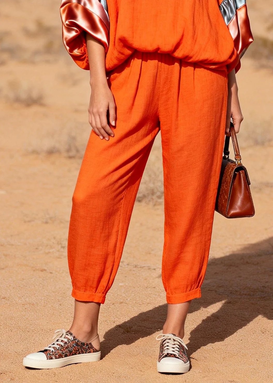 Modern Orange Oversized Patchwork Cotton Two Pieces Set Spring - Image 4