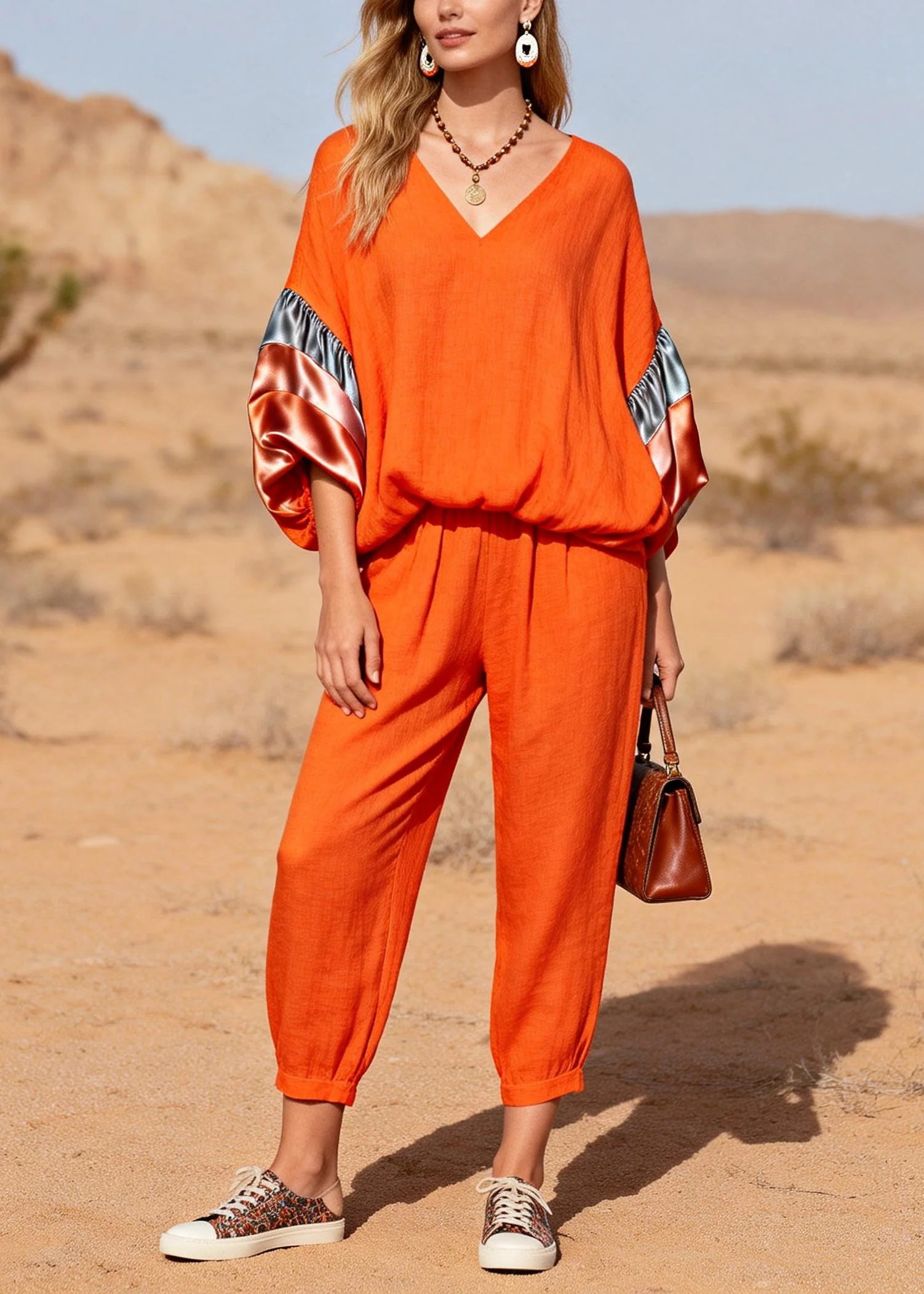 Modern Orange Oversized Patchwork Cotton Two Pieces Set Spring - Image 5