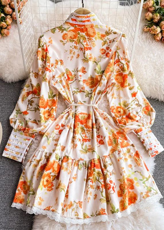 Modern Orange Stand Collar Print Tie Waist Tassel Button Mid Dress Lantern Sleeve - Image 2