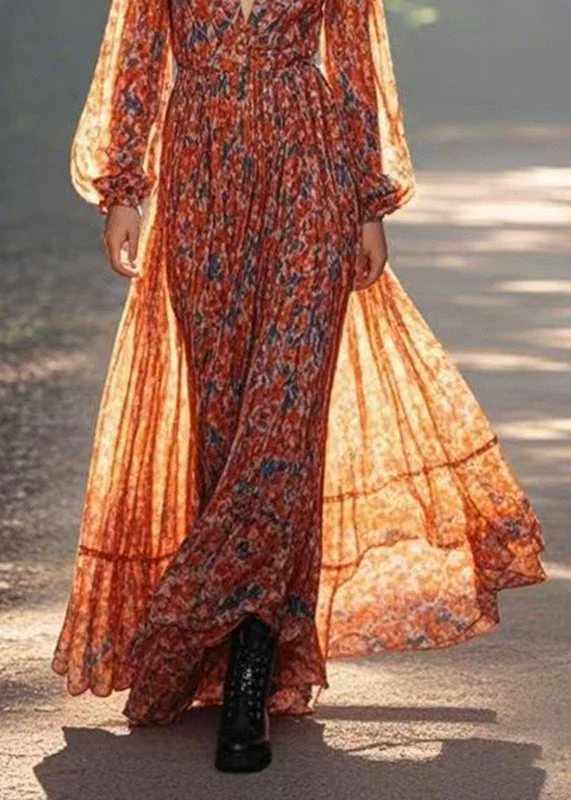 Modern Orange Wrinkled Patchwork Chiffon Long Dress Lantern Sleeve - Image 4