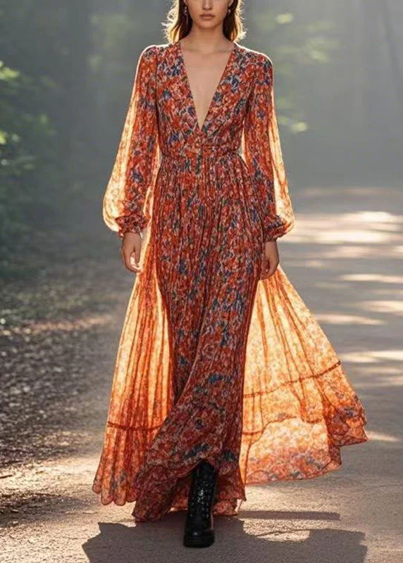 Modern Orange Wrinkled Patchwork Chiffon Long Dress Lantern Sleeve - Image 5