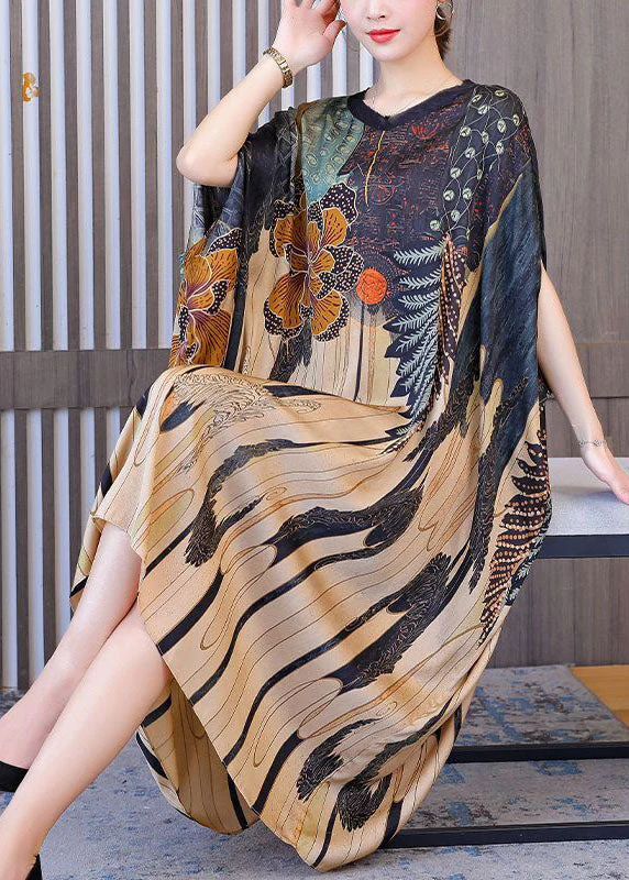 Modern Oversized Print Silk Holiday Dress Batwing Sleeve - Image 2