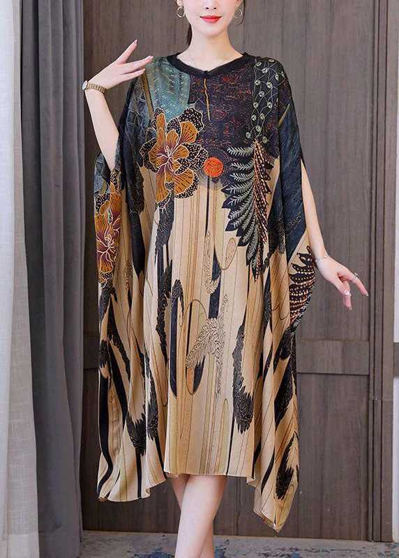 Modern Oversized Print Silk Holiday Dress Batwing Sleeve - Image 3