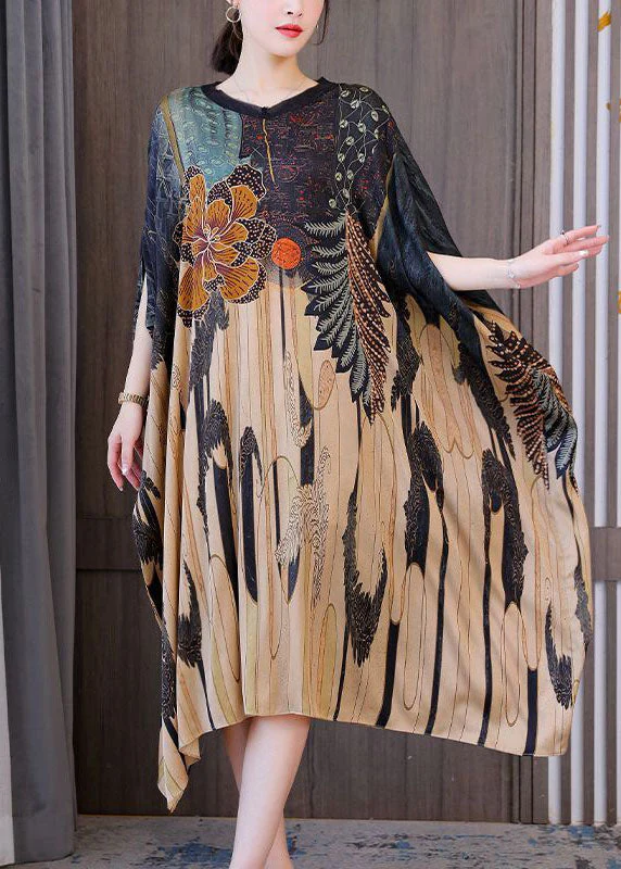 Modern Oversized Print Silk Holiday Dress Batwing Sleeve - Image 4