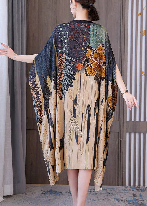 Modern Oversized Print Silk Holiday Dress Batwing Sleeve - Image 5