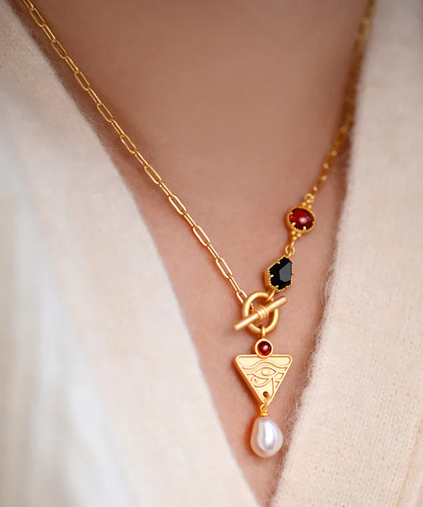Modern Pearl Black Onyx Red Garnet Chain 14K Gold Necklace - Image 2