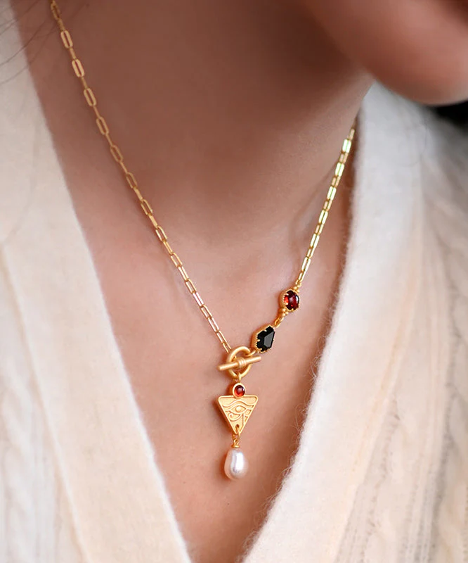 Modern Pearl Black Onyx Red Garnet Chain 14K Gold Necklace - Image 3