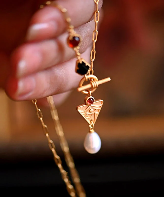 Modern Pearl Black Onyx Red Garnet Chain 14K Gold Necklace - Image 4