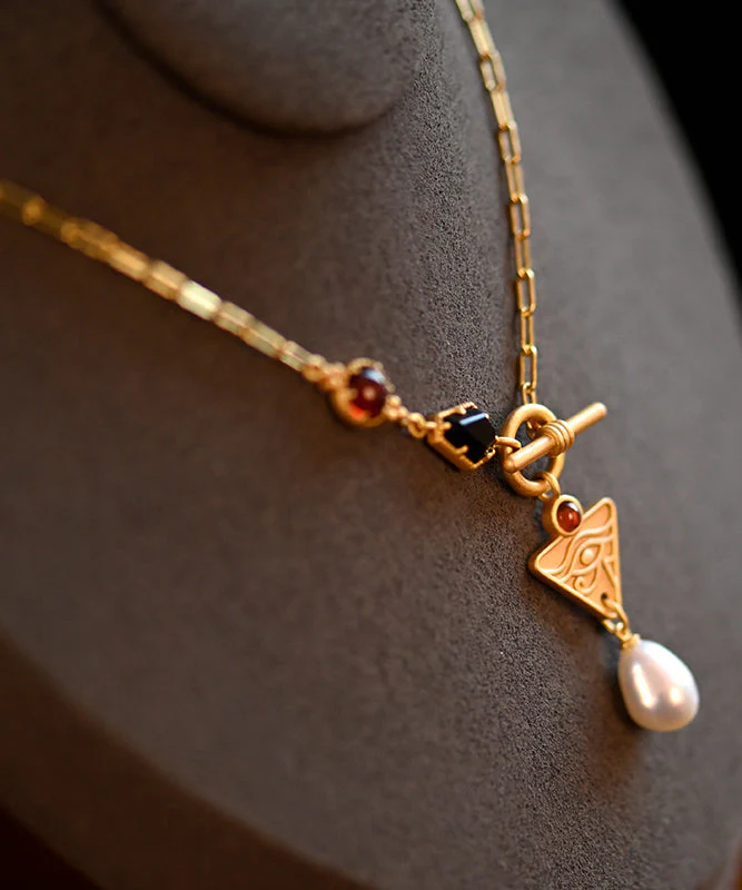 Modern Pearl Black Onyx Red Garnet Chain 14K Gold Necklace - Image 5