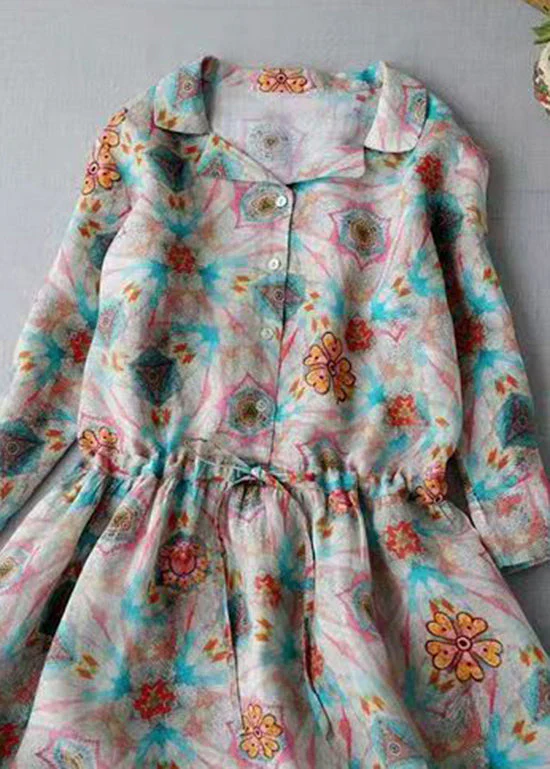 Modern Peter Pan Collar drawstring Button Print Linen Dress Three Quarter sleeve - Image 2