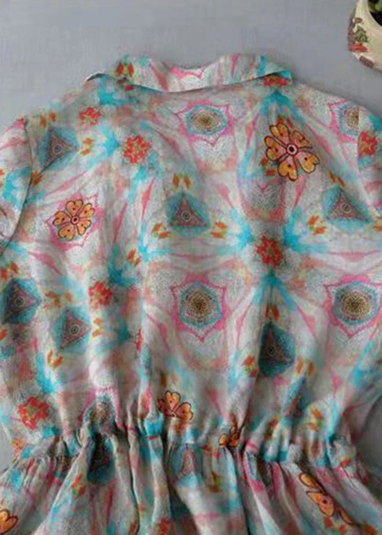 Modern Peter Pan Collar drawstring Button Print Linen Dress Three Quarter sleeve - Image 3