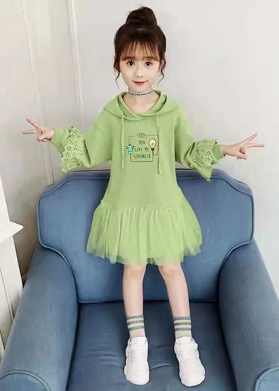 Modern Pink Hooded Print Patchwork Cotton Girls Mid Dress Fall - Image 2
