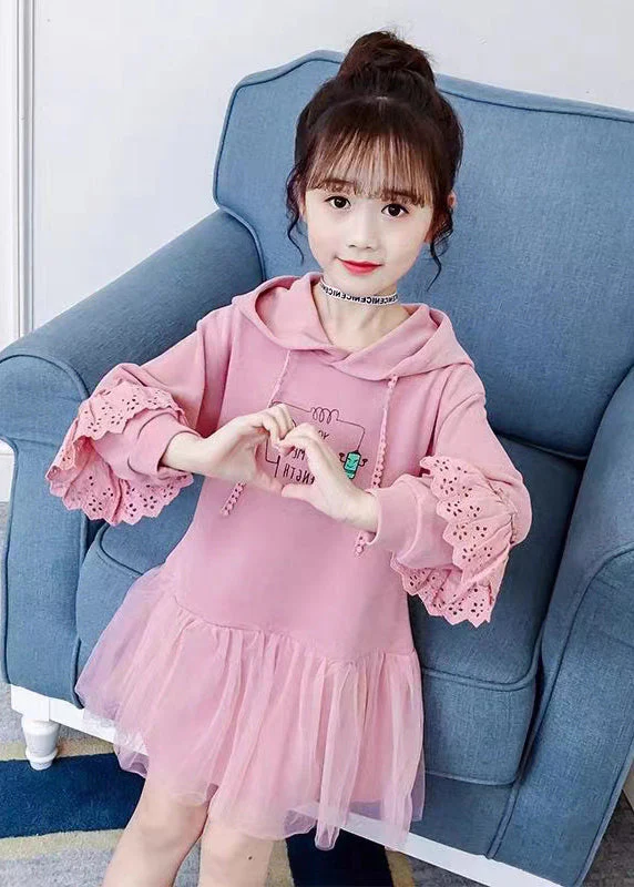 Modern Pink Hooded Print Patchwork Cotton Girls Mid Dress Fall - Image 3