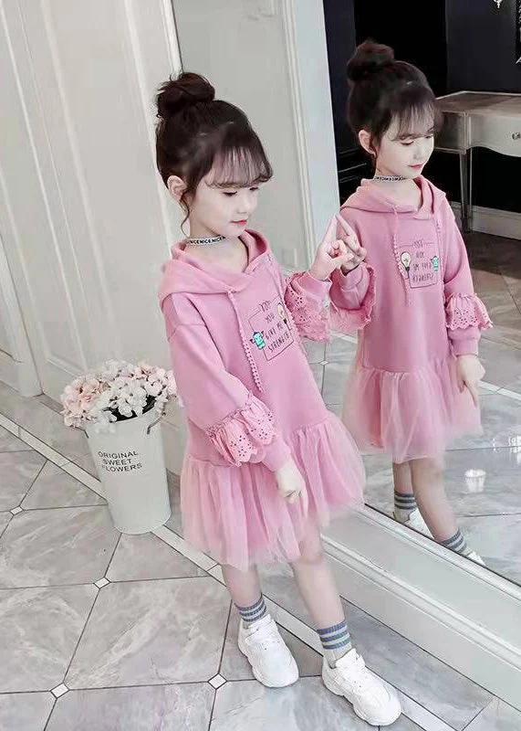 Modern Pink Hooded Print Patchwork Cotton Girls Mid Dress Fall - Image 4