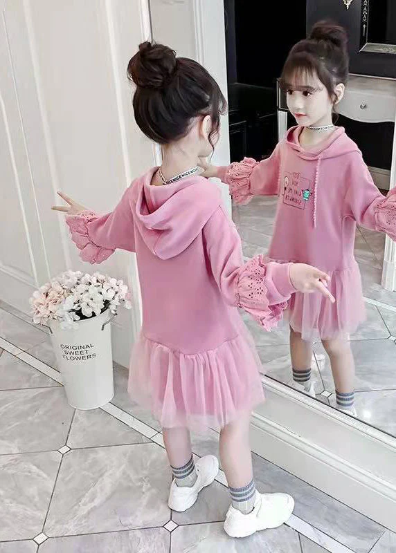 Modern Pink Hooded Print Patchwork Cotton Girls Mid Dress Fall - Image 5