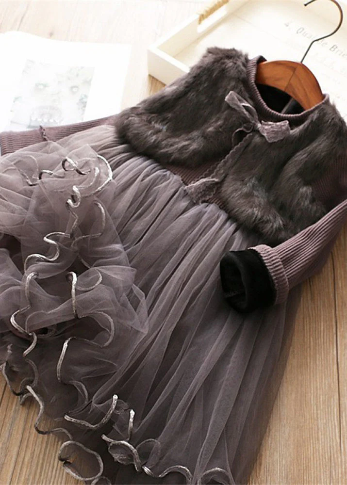 Modern Pink Mink Velvet False Two Pieces Warm Fleece Baby Girls Dress Winter - Image 3