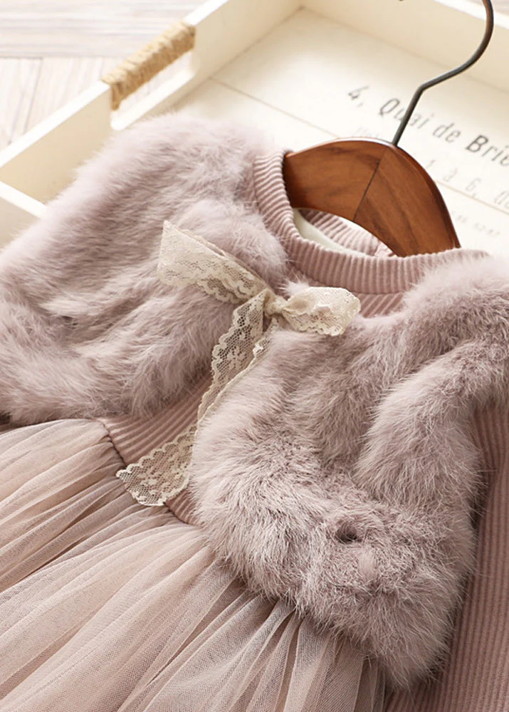 Modern Pink Mink Velvet False Two Pieces Warm Fleece Baby Girls Dress Winter - Image 4