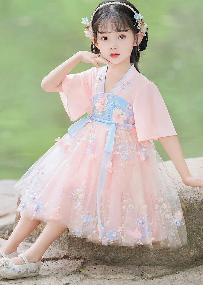 Modern Pink Patchwork Tie Waist Floral Tulle Girls Mid Dresses Short Sleeve - Image 2