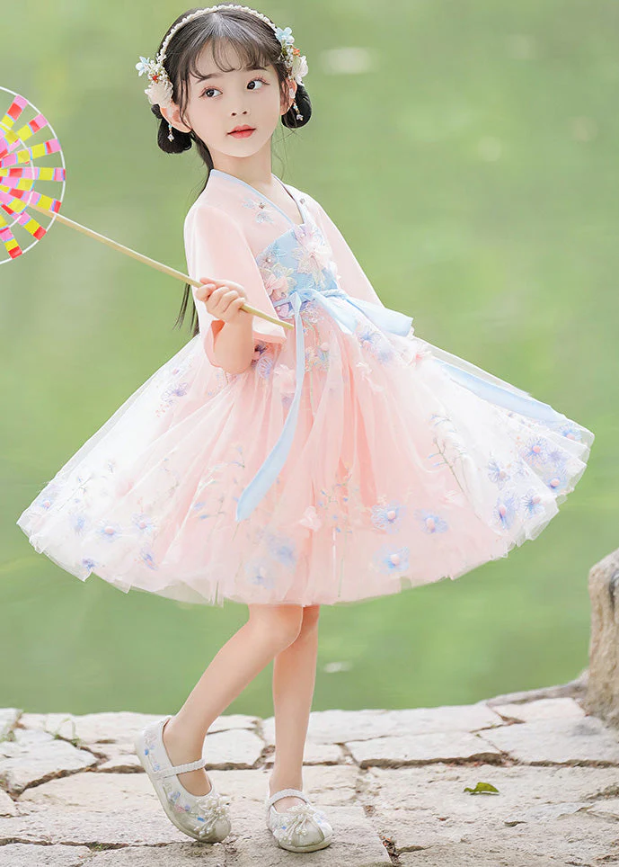 Modern Pink Patchwork Tie Waist Floral Tulle Girls Mid Dresses Short Sleeve - Image 3