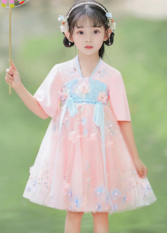 Modern Pink Patchwork Tie Waist Floral Tulle Girls Mid Dresses Short Sleeve - Image 4