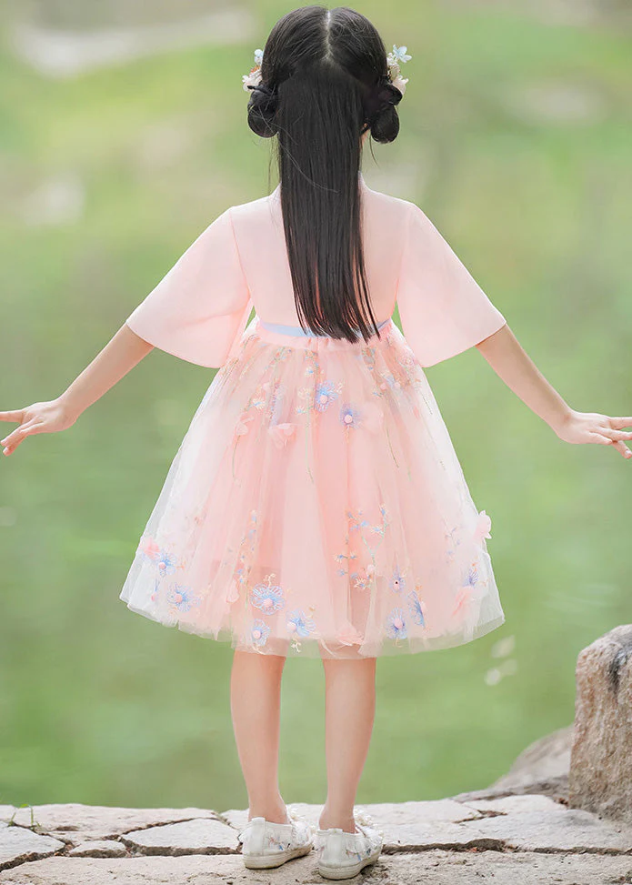 Modern Pink Patchwork Tie Waist Floral Tulle Girls Mid Dresses Short Sleeve - Image 5