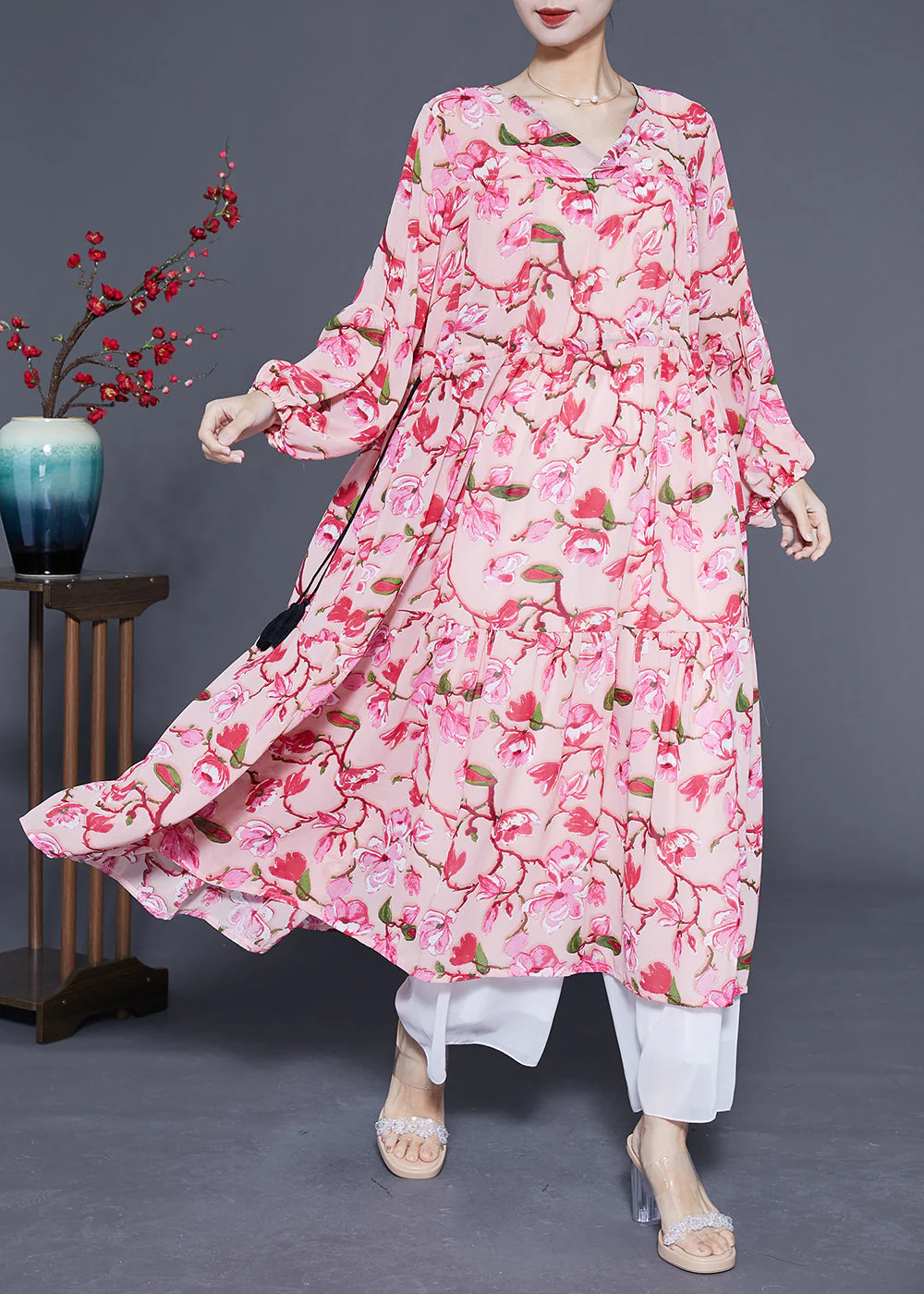 Modern Pink Print Drawstring Exra Large Hem Chiffon Long Dress Spring - Image 2