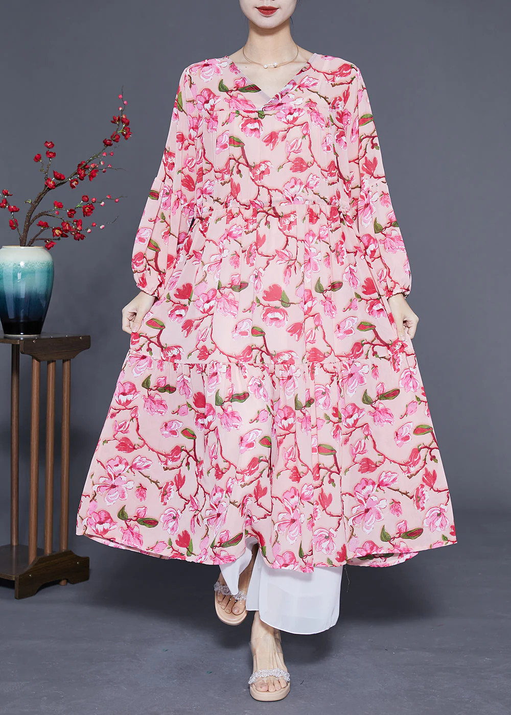 Modern Pink Print Drawstring Exra Large Hem Chiffon Long Dress Spring - Image 4