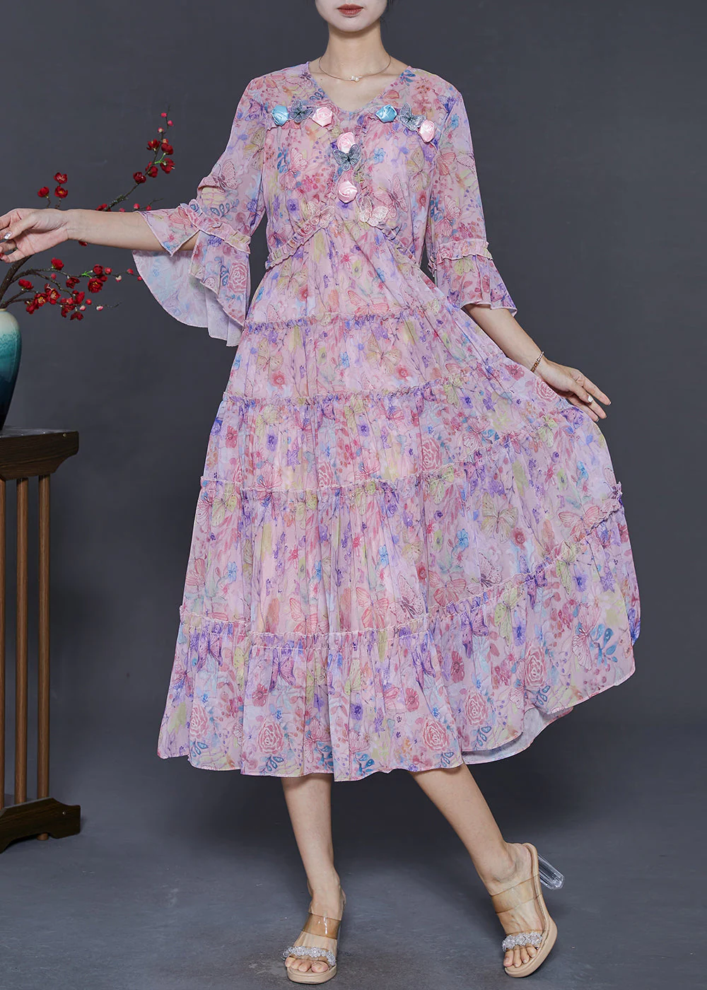 Modern Pink Print Floral Butterfly Chiffon Dress Flare Sleeve - Image 2