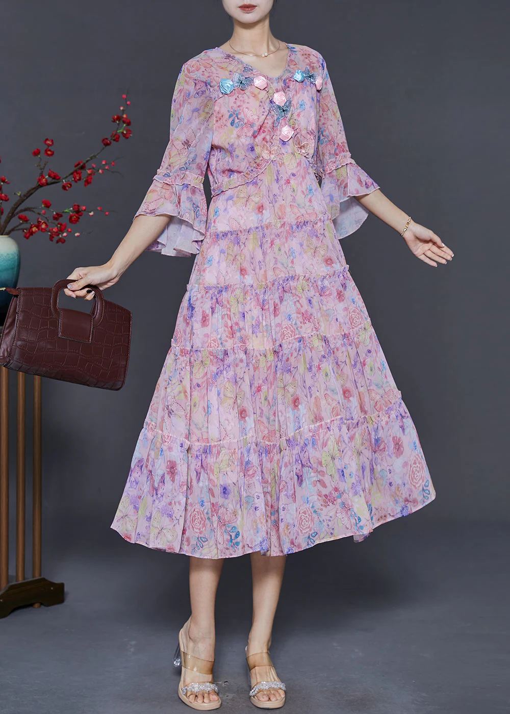 Modern Pink Print Floral Butterfly Chiffon Dress Flare Sleeve - Image 3