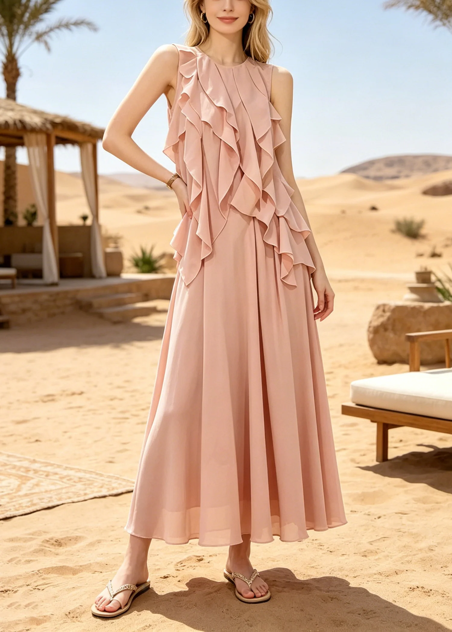 Modern Pink Ruffled Draping Chiffon Two Piece Suit Set Sleeveless - Image 3