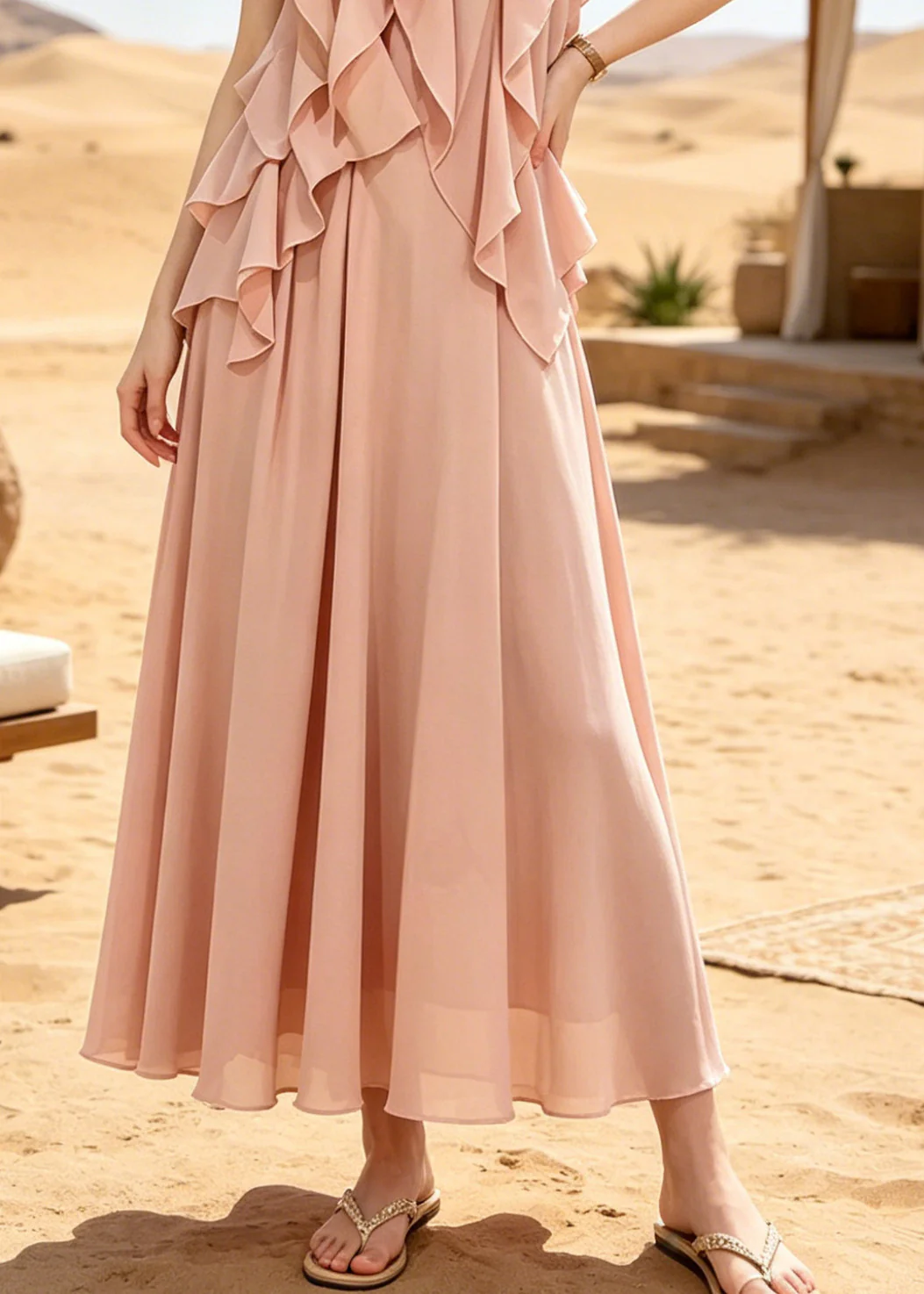 Modern Pink Ruffled Draping Chiffon Two Piece Suit Set Sleeveless - Image 4
