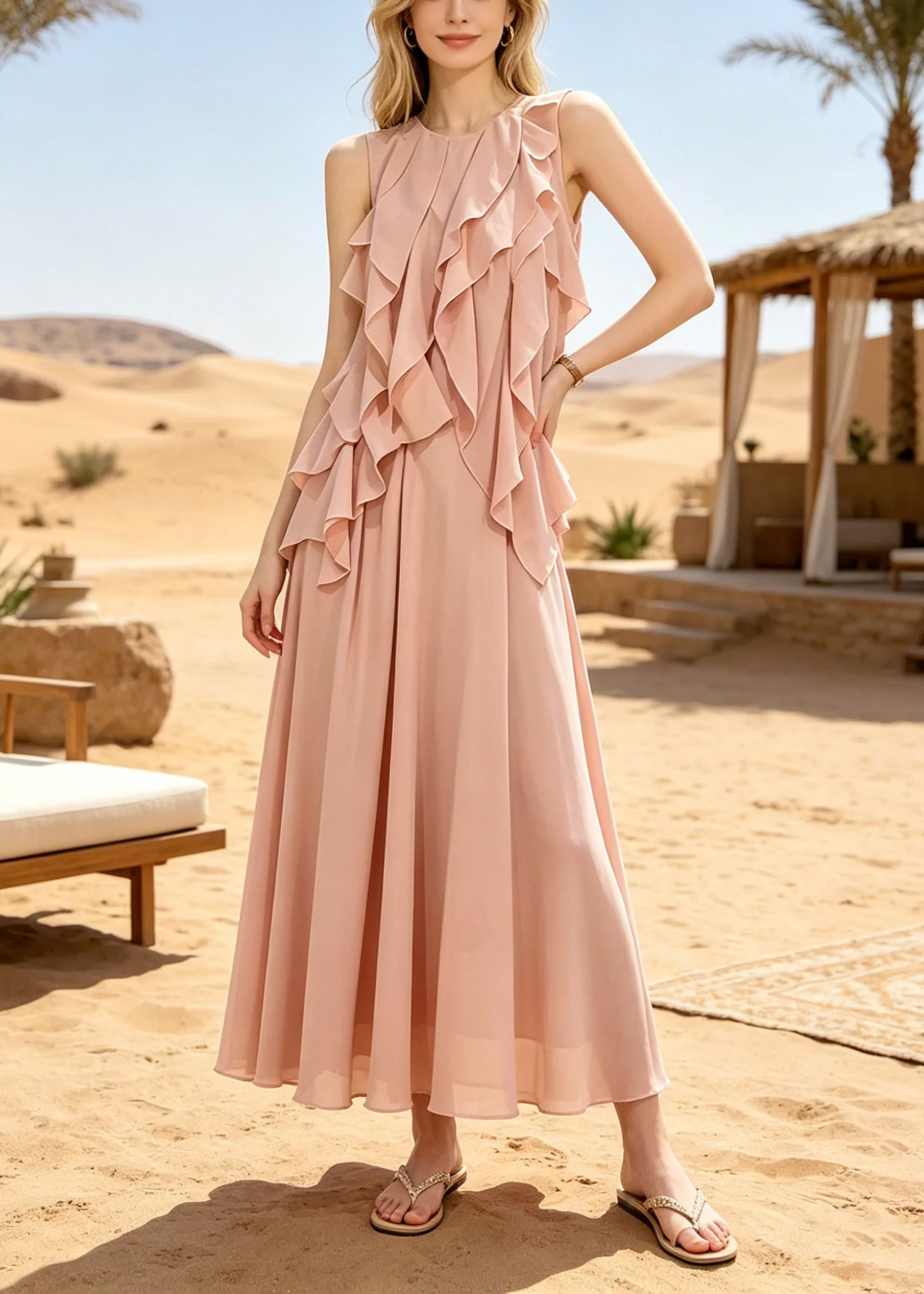 Modern Pink Ruffled Draping Chiffon Two Piece Suit Set Sleeveless - Image 5