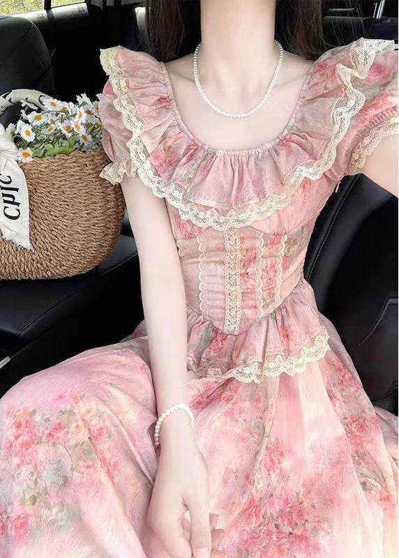 Modern Pink Ruffled Patchwork Lace Party Dress Summer - Image 2