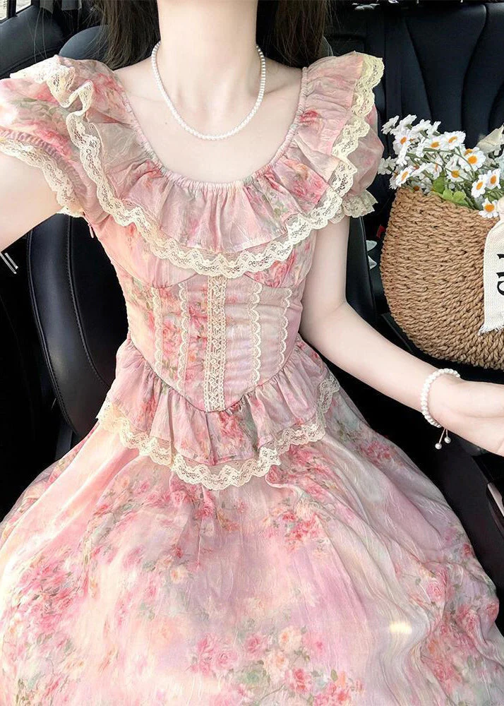 Modern Pink Ruffled Patchwork Lace Party Dress Summer - Image 3