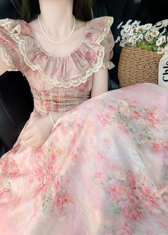 Modern Pink Ruffled Patchwork Lace Party Dress Summer - Image 4