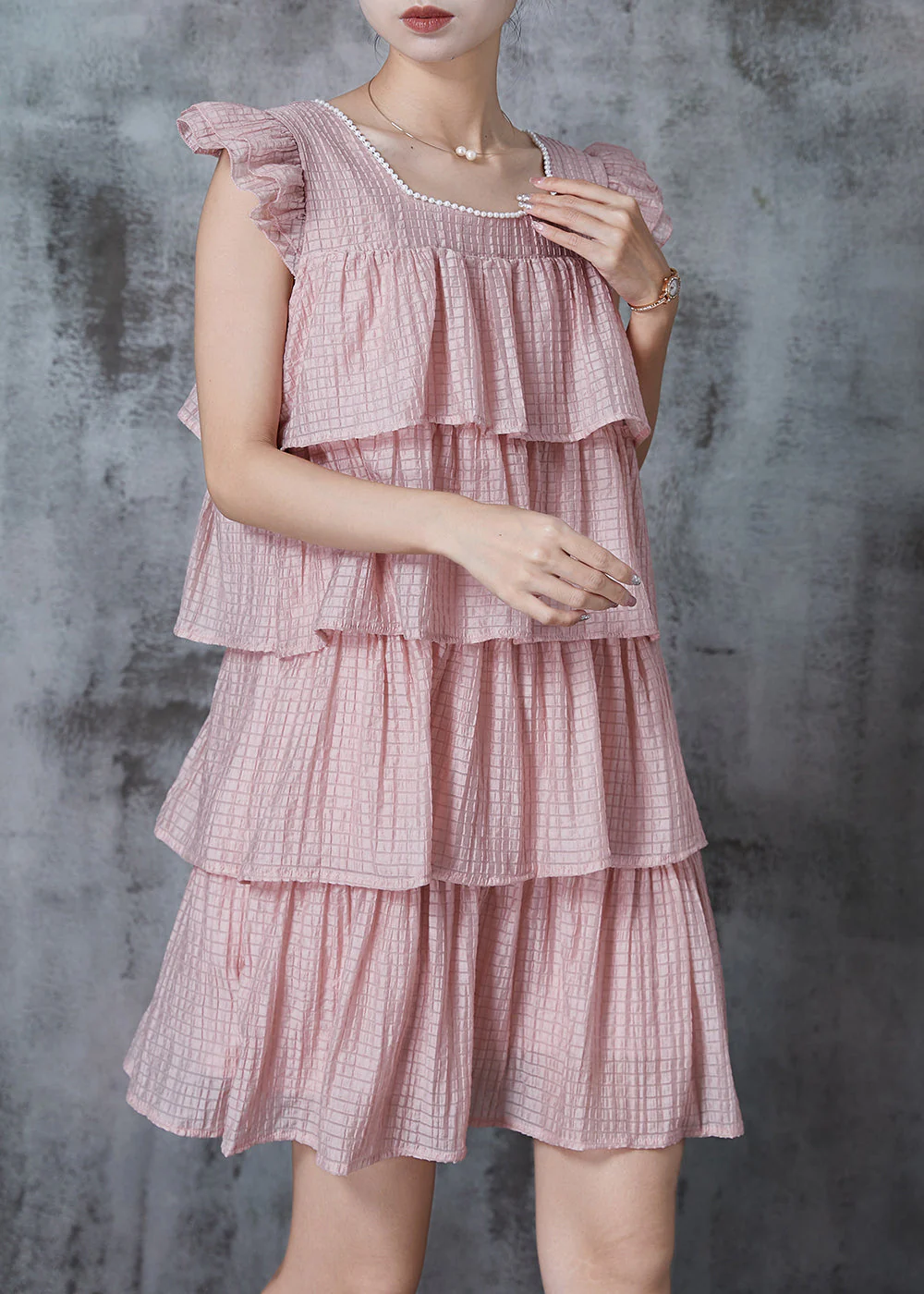 Modern Pink Square Collar Layered Chiffon Tea Dress Summer - Image 2